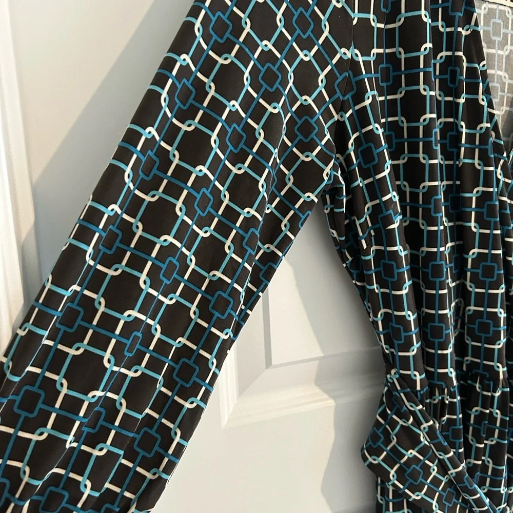 Talbots Wrap Dress Black Blue Geometric Print Size 12